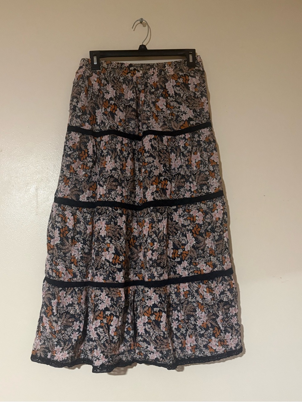 American Eagle Outfitters Tiered Floral Maxi Skirt - Black, Pink, Orange